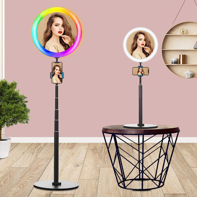 Photo 1 of 10.2" Ring Light,Floor Telescopic 27"-75" Height/RGB 9 Color Options/2 Flash Modes/with Makeup Mirror & Cell Phone Holder,for YouTube Video,Live Stream Stage Party,Selfie Ring Floor Lamp
