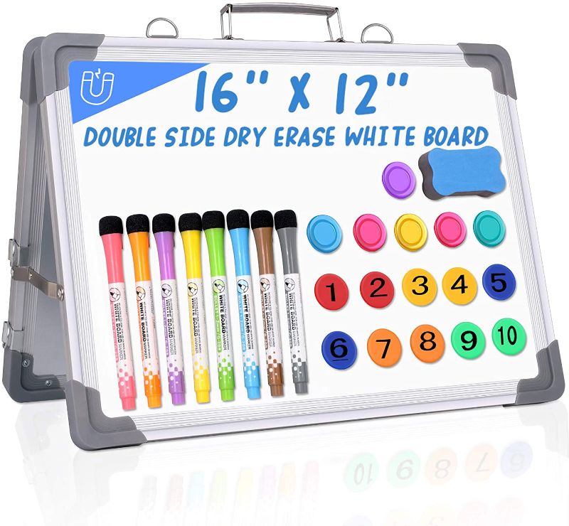 Photo 1 of 12" X 16" Small Dry Erase White Board, Double Sided Magnetic Dry Erase Board with Holder and 10 Digital Magnets Beads , 8 Pens, 6 Magnets & 1 Eraser Foldable Desktop Whiteboard for School Home Office
