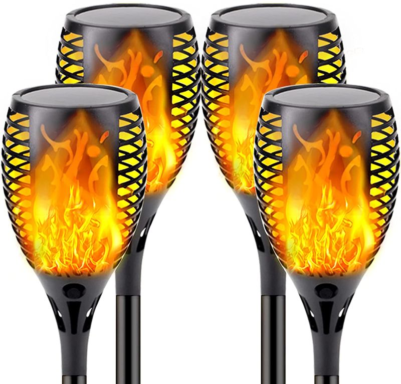 Photo 1 of 4-Pack Solar Flame Torch (Super Larger Size & Upgraded Vivid Flame), Ultra-Bright Solar Lights Outdoor Decorative with Flickering Flame, Waterproof Outdoor Lights for Garden Landscape Yard Pathway
