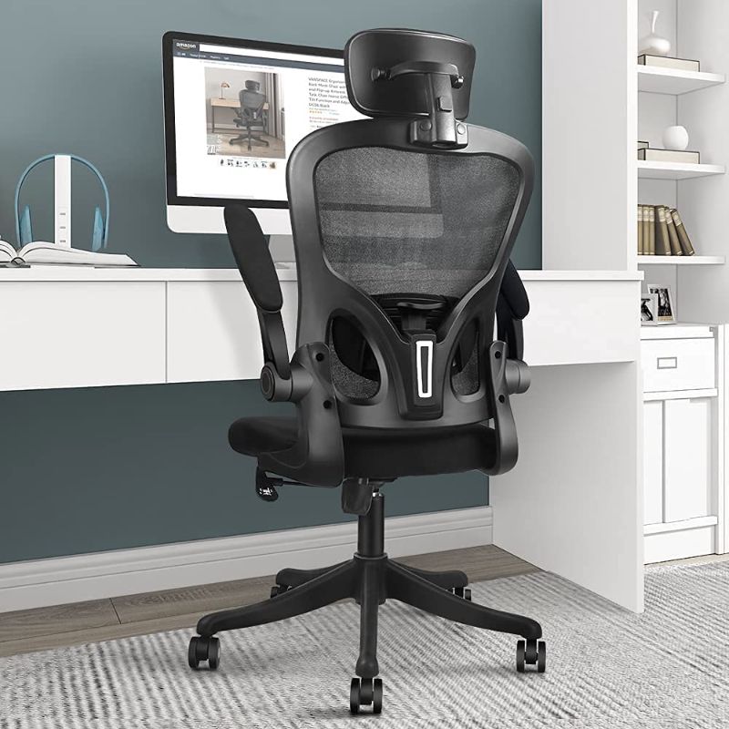 Photo 3 of VANSPACE Ergonomic Office Chair High Back Mesh Chair with Flip-up Armrest and Lumbar Support, Swivel Computer Task Chair Home Office Desk Chair with Tilt Function and Adjustable Headrest, DC06 Black
