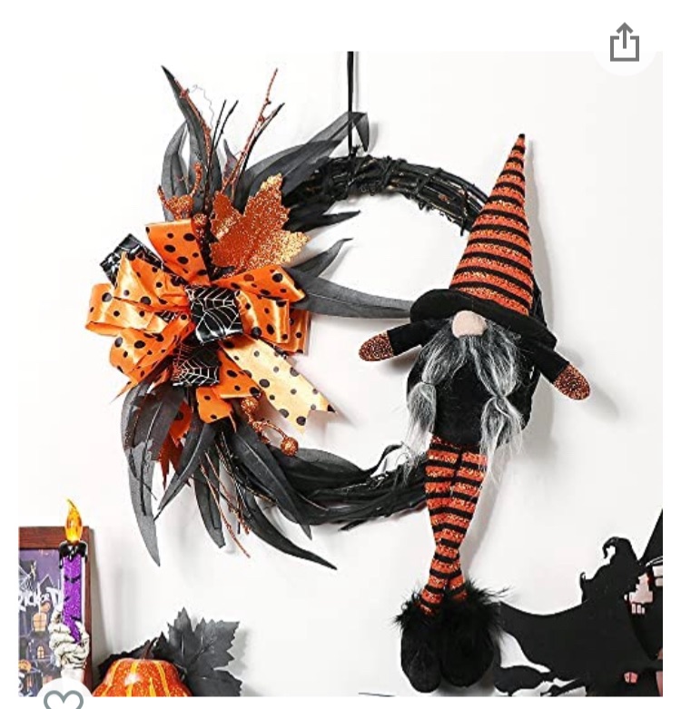 Photo 1 of XAMSHOR Artificial Halloween Wreath 14Inch Witch Gnome Wreath with Bowknot, Grapevine Wreath for Front Door Window Wall Halloween Decoration