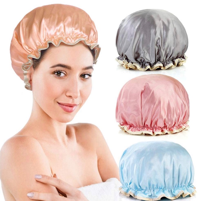 Photo 1 of 4 Packs Shower Cap Double Layer Elastic Waterproof Luxury Silky Satin Bath Cap with Ruffled Edge for Men & Women Shower