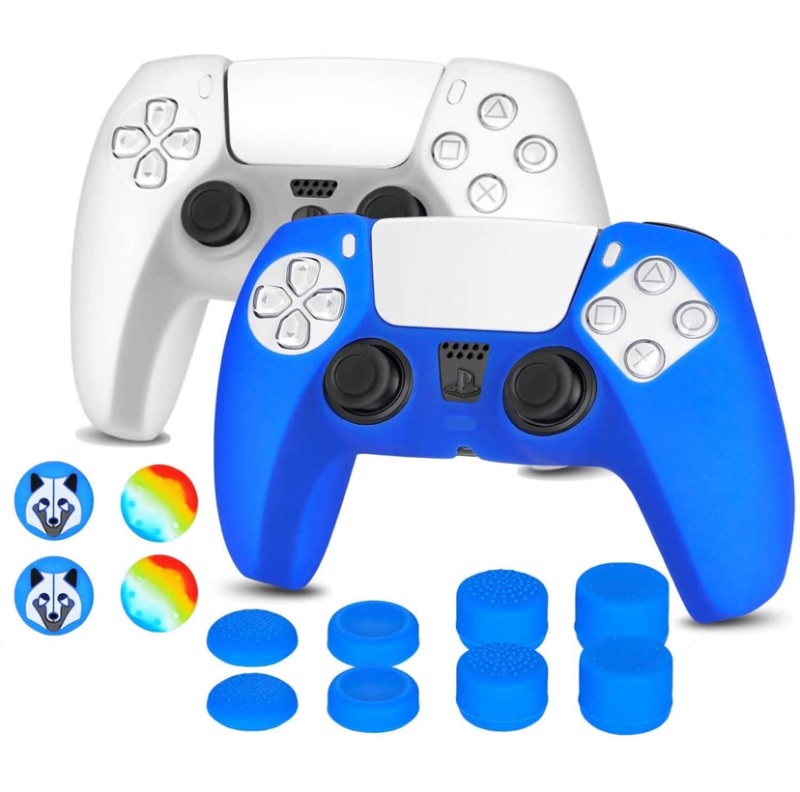 Photo 1 of OUBANG Aqua and Mustard ps5 Controller Cover 2 Pack with 12 pcs Joystick Caps, Anti-Slip Food-Grade Silicone Protective Skin for Dualsense Controller (White and Blue)