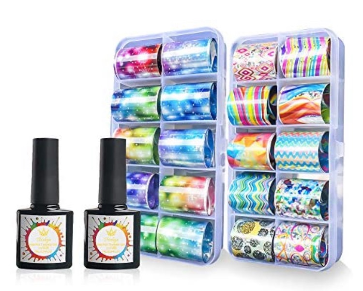 Photo 1 of 20pcs Holographic Nail Foil Sticker with Foil Glue Gel, Thinkga Nail Design Foil Kit with 20 Metallic Holographic Neon Nail Foil Sticker, 2pcs Foil Gel Transfer Nail Design, for Gel Nail, Acrliyc Nail Under 3 dollar