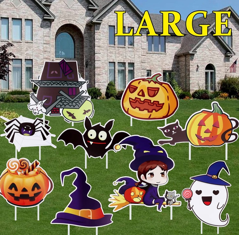 Photo 1 of 9 Packs Halloween Yard Signs With Stakes, TOROKOM Halloween Outdoor Lawn Garden Stake Decorations Large Pumpkin Witch Bat Corrugate Trick or Treat Yard Signs for Halloween Yard Lawn Decorations