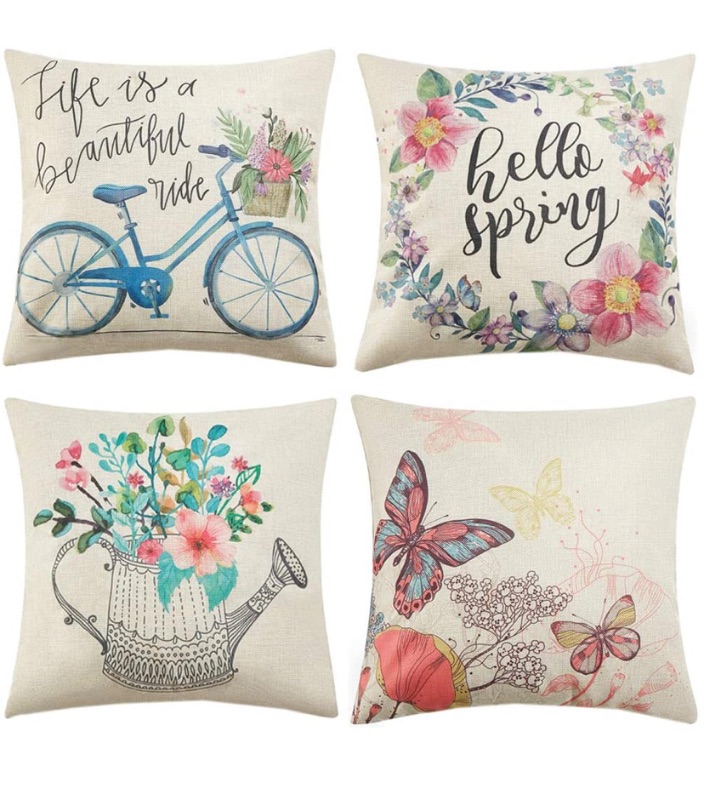 Photo 1 of Anickal Spring Pillow Covers 18x18 Inch Set of 4 for Spring Decorations Hello Spring Wreath Bicycle Butterfly Decorative Throw Pillow Covers for Spring Home Farmhouse Decor