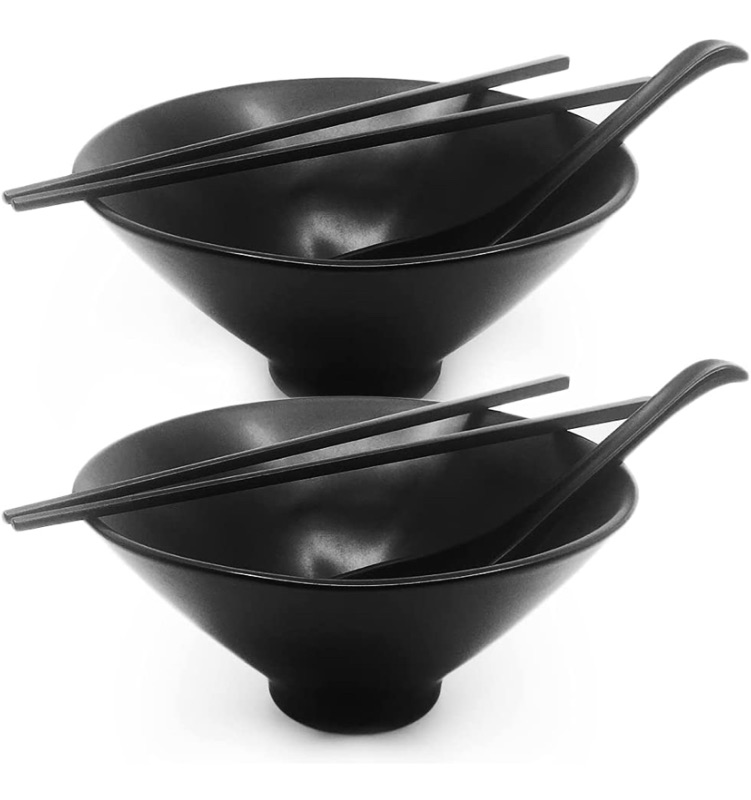 Photo 1 of AZN Ceramic Ramen Bowl 2 Sets, 33 oz Bowls with Easy-Grip Chopsticks & Extra-Large Ladle Spoons, Microwave Safe & Dishwasher Safe, Durable Porcelain Bowls for Noodles, Pho, Udon, Soba, Soup