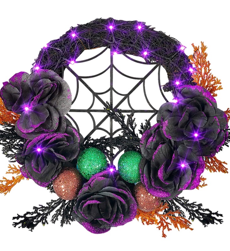 Photo 1 of Dazzle Bright Halloween Wreath for Front Door, 20 LED Purple Lighted Halloween Wreath Decoration with Glitter Rose and Ball, Battery Operated Artificial Wreath for Indoor Outdoor Decor