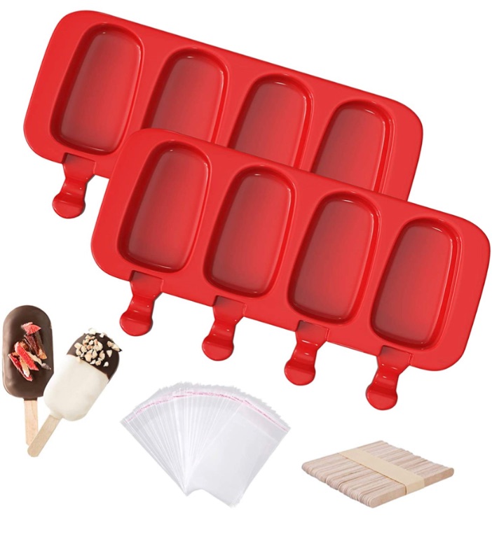 Photo 1 of 2 Pcs Upgraded Popscicle Molds, Ouddy Large Silicone Popsicle Molds 4 Cavities Ice Pop Molds Oval with 50 Wooden Sticks & 30 Parcel Bags, Cake Pop Mold for Kids DIY Ice Popsicle