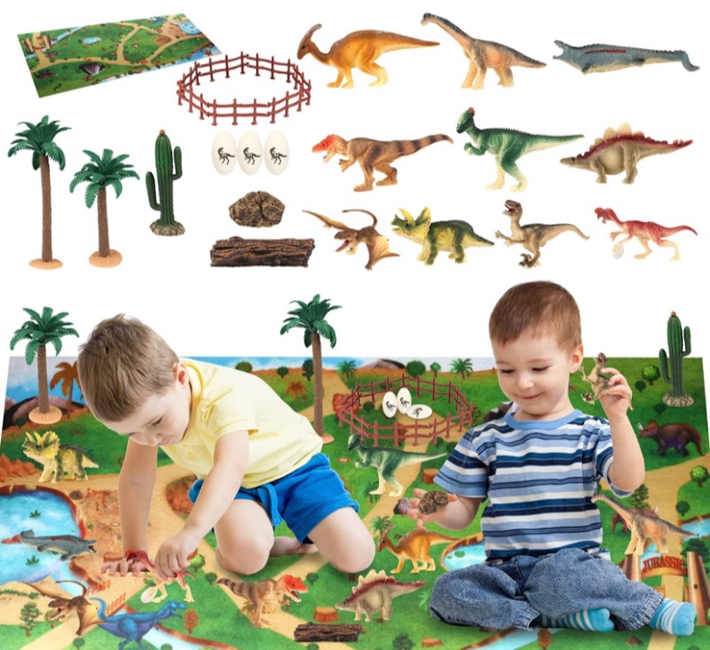 Photo 1 of Dinosaur Toy Playset with Activity Play Mat, Realistic Dinosaur Figures Trees to Create a Dino World Including T-Rex, Triceratops, Brachiosaurus, Party Decorations Gifts for Kids, Boys & Girls