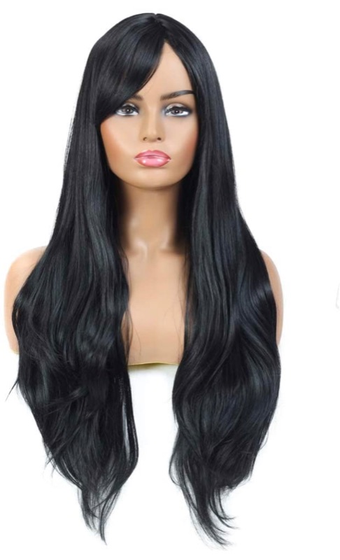 Photo 1 of Black Long Straight Wigs for Black Women, 28 Inches Straight Synthetic Black Wig with Bangs - Professional Natural Long Wavy Wig for Party Daily Wear