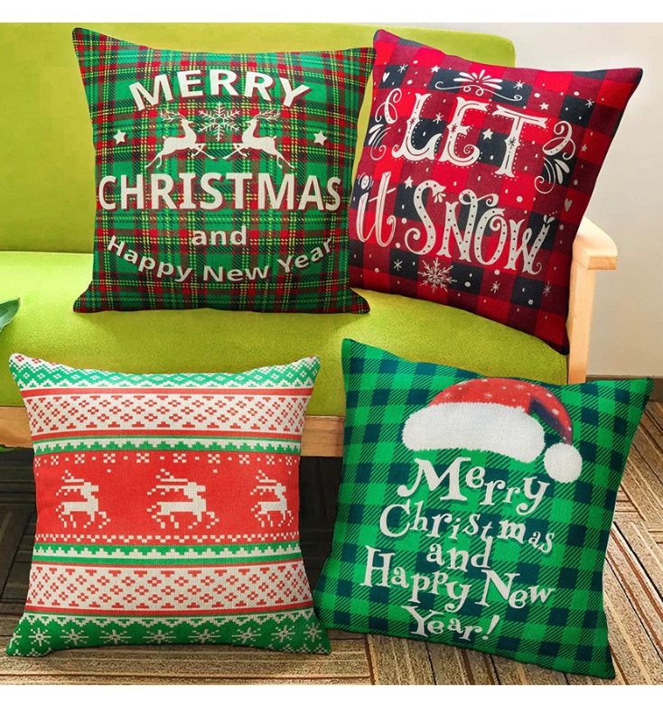 Photo 1 of 4 Packs Christmas Pillows Covers 18x18 Christmas Decorations Pillows Covers Merry Christmas Decorative Throw Pillows Cases Sofa Indoor Home Décor Deer Christmas hat