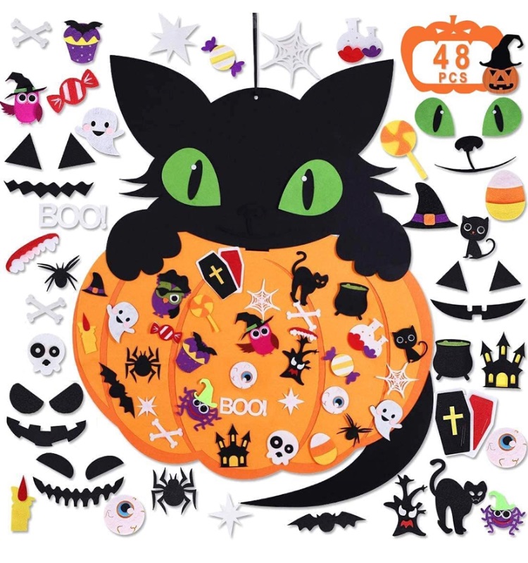 Photo 1 of AMDX 2.65ft Halloween DIY Pumpkin Cat Felt Set with 48PCS Ornaments Home Decoration Wall Hanging Felt Craft Kits for Kids Halloween Birthday Party Favor