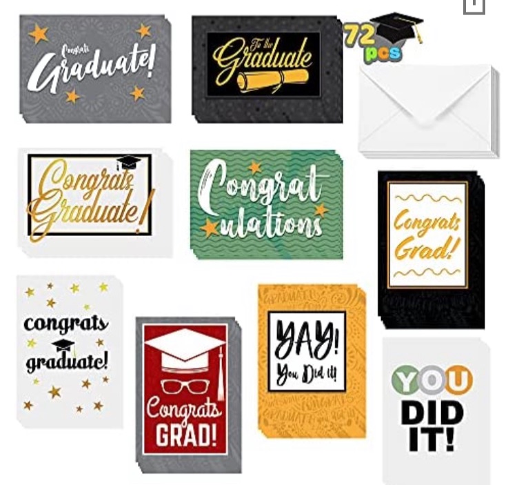 Photo 1 of 72 Pack (4 x 6") Graduation Card and Graduation Card Assortment (9 Designs w/Envelopes), Congratulations Greeting Cards, Grad Gift Greeting Cards College University 2021 Graduation Party Favors