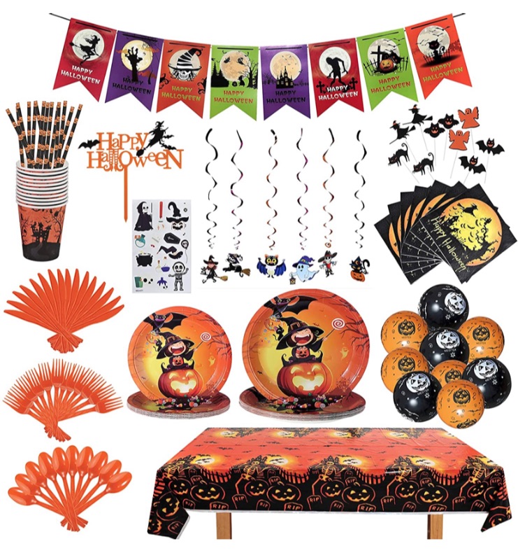 Photo 1 of 175Pcs Halloween Party Supplies Decorations Tableware Set Halloween Tablecloth 54" x 108" Pumpkin Witch Party Dinner Plates Napkins Cups Cake Insert Glow Stickers Hanging Swirl Balloons Banners