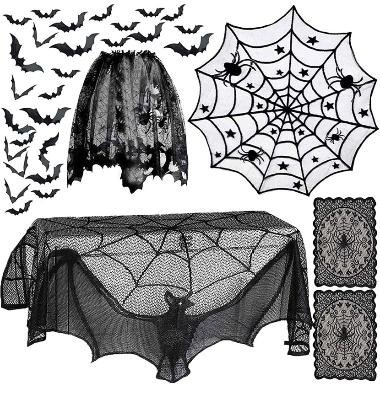 Photo 1 of 6 Pack Spider Web Halloween Decorations, Table Cover/Tablecloth Runner/Window Valances/Lace Fireplace Mantel Scarf/Cobweb Lampshade Cover/ Kitchen Table Placemats/Scary 3D Bat Birthday Party Supplies
