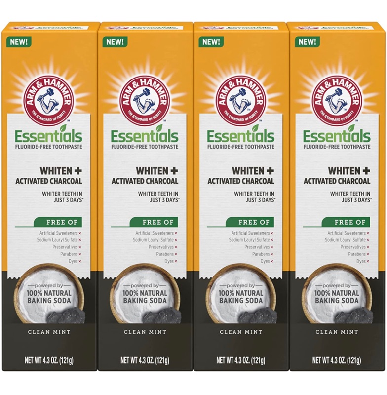 Photo 1 of Arm & Hammer Essentials FluorideFree Toothpaste Whiten + Activated Charcoal4 Pack of 4.3oz Tubes Clean 100 Natural Baking Soda, Mint, 17.2 Ounce