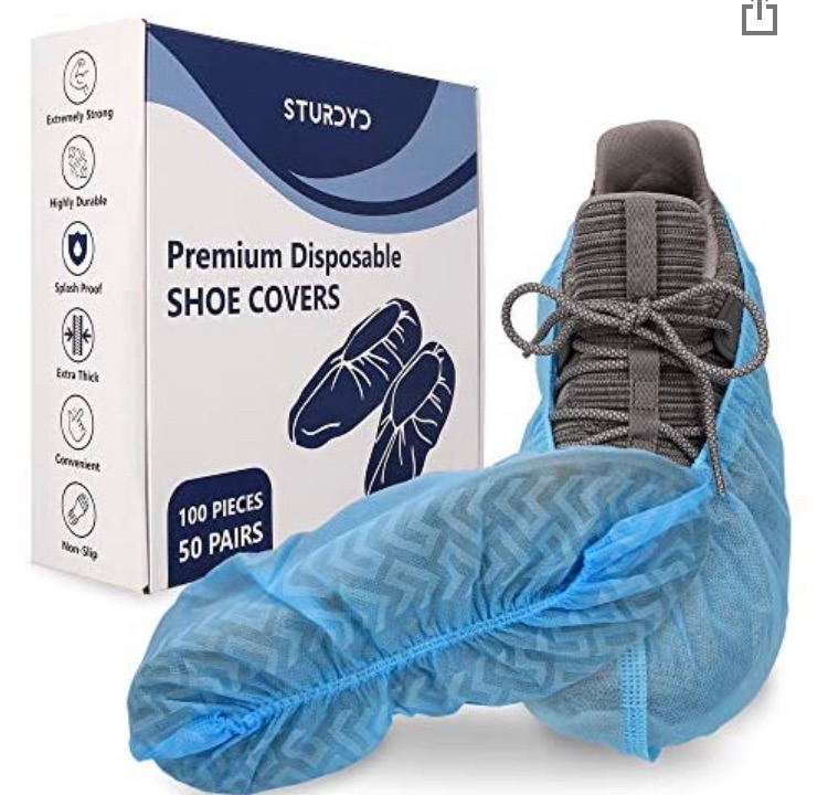 Photo 1 of Disposable shoe covers non slip – Sturdyd – 100 Pack (50 pairs) – 35 GSM Indoor Shoe Booties – Non-Slip & Water Resistant, Large, fits up to US Men's 12 & Women's 14 Shoe Sizes – Sturdy & Durable