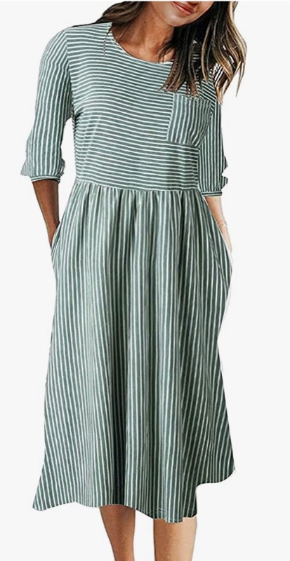 Photo 1 of MEROKEETY Women's 3/4 Balloon Sleeve Striped High Waist T Shirt Midi Dress with Pockets size XL