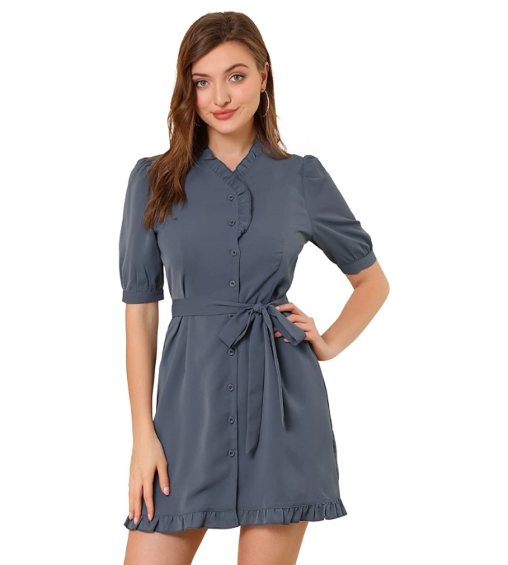 Photo 1 of Allegra K Women's Ruffle Neck Button Down Tie Waist Shirt Dress. Size XL