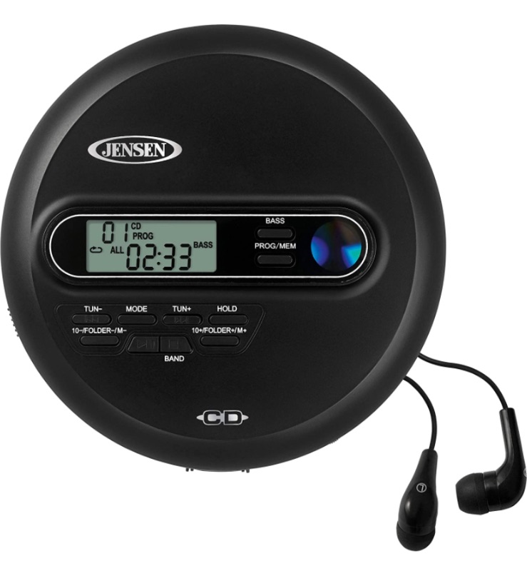 Photo 1 of Jensen Portable CD Player Personal CD/MP3 Player + AM/FM Radio + with LCD Display Bass Boost 60-Second Anti Skip CD R/RW/Compatible+ Sport Earbuds Included (Limited Edition Black Series)