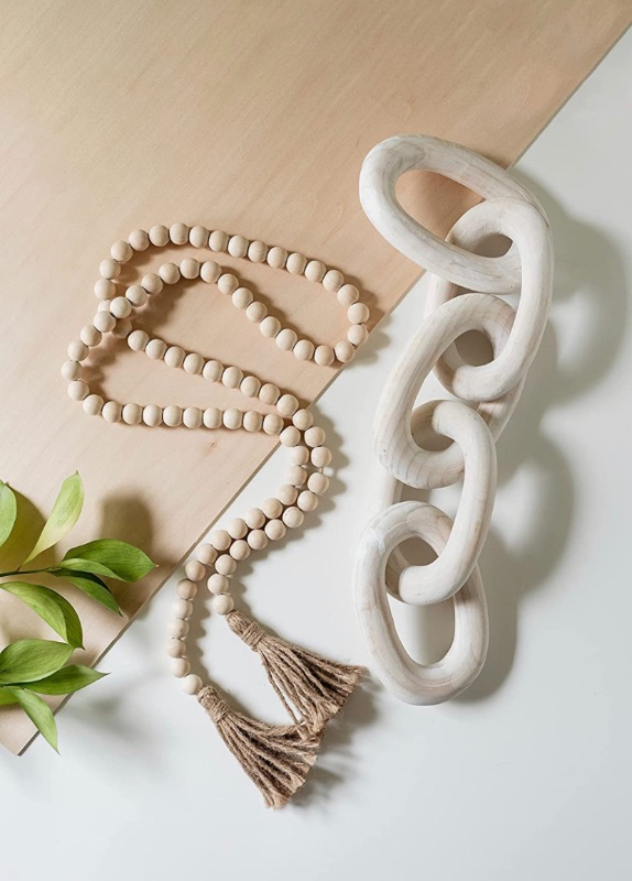 Photo 1 of Decorative Wood Chain Link and Bead Garland Set | Hand Carved Pine Wood Chain Decor | Modern Farmhouse Accent Decor | Aesthetic Room Decor | Boho Decorations for Living room, Bedroom, Entryway | White. One chain link needs to be glued