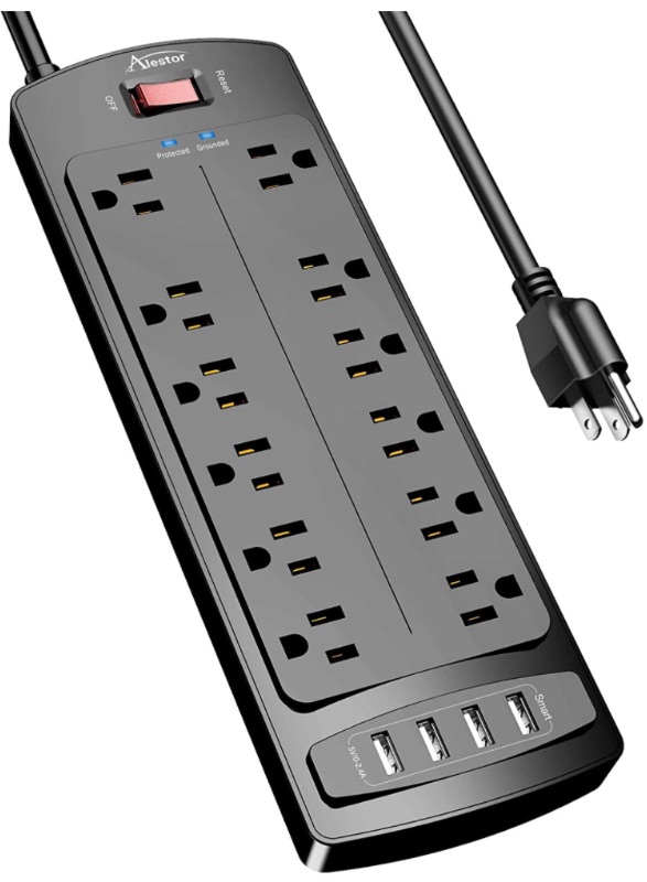 Photo 1 of Power Strip, ALESTOR Surge Protector with 12 Outlets and 4 USB Ports, 6 Feet Extension Cord (1875W/15A), 2700 Joules, ETL Listed, Black