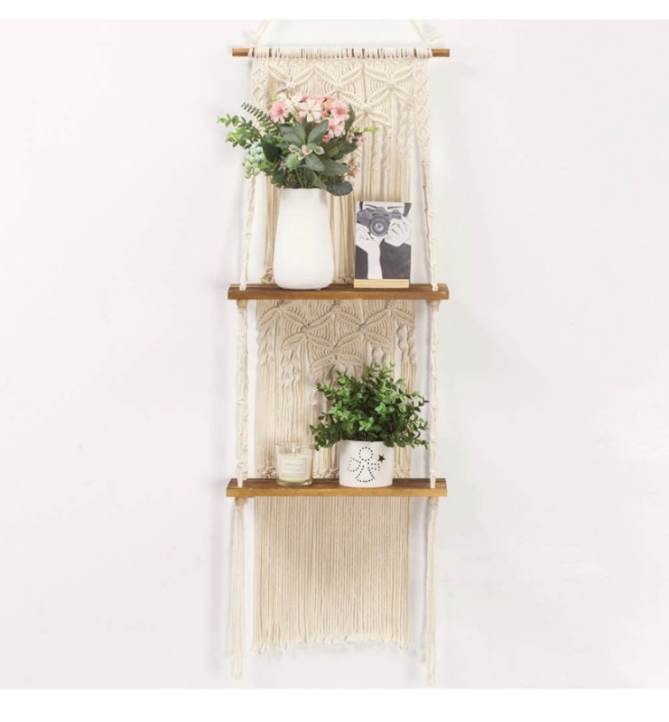 Photo 1 of Dulcii 2 Tiers Bohemian Macrame Wall Hanging Shelves,16×45 Inches, Boho Decorative Rustic Wood Wall Floating Plants Shelves with Handmade Woven Rope, Aesthetic Home Storage Floating Shelves