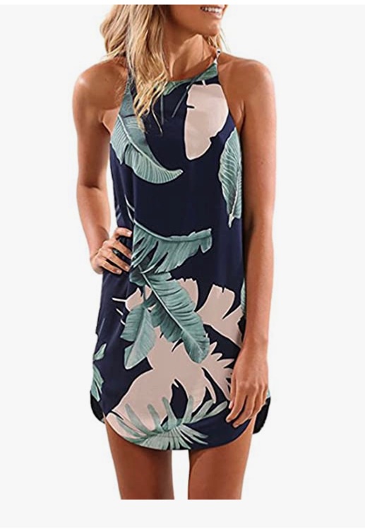 Photo 1 of Asvivid Halter Palm Leaf Floral Casual Dresses for Women Summer Beach Dress Sleeveless Short Sundresses size L