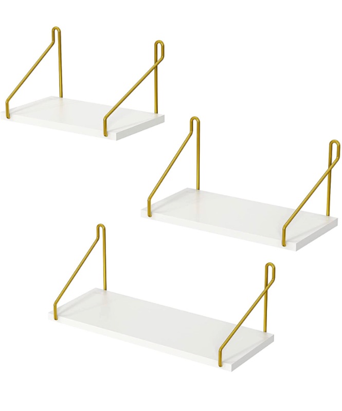 Photo 1 of AMADA HOMEFURNISHING White Floating Shelves Wall Mounted Set of 3, Golden Metal Brackets with Faux Wood, White Wall Shelves for Bedroom, Bathroom, Living Room