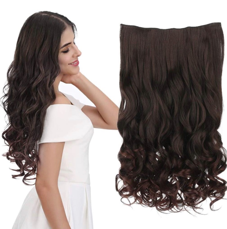 Photo 1 of REECHO 16" 1-Pack 3/4 Full Head Curly Wavy Clips in on Synthetic Hair Extensions Hairpieces for Women 5 Clips 3.9 Oz per Piece - Dark Brown