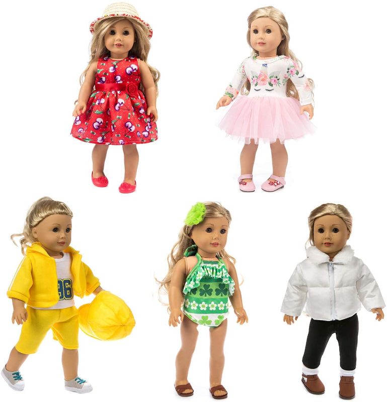 Photo 1 of HOAYO 11 Pcs Girl Doll Outfits and Accessories for American Standard 18 Inch Dolls, 5 Sets Girl Doll Clothing with Hair Clip, Hat, Cap
