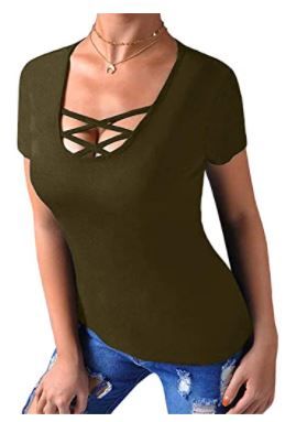 Photo 1 of Esobo Womens Sexy Lace Low Cut V Neck Criss Cross Front Short Sleeve Shirts Army Green Large