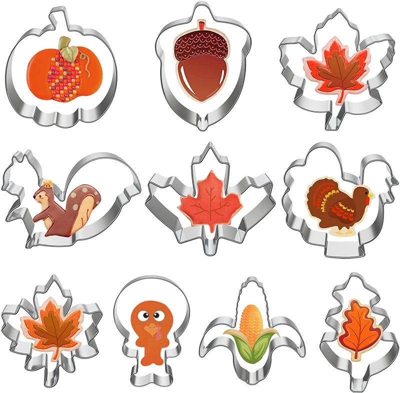 Photo 1 of 10 Pcs Fall Thanksgiving Cookie Cutters Set, Holiday Metal Cookie Cutters, Pumpkin Cookie Cutter and Maple Leaf, Turkey, Oak Leaf, Turkey Leg, Squirrel, Acorn, Corn Cookie Cutters 2 pack (20 pcs total)