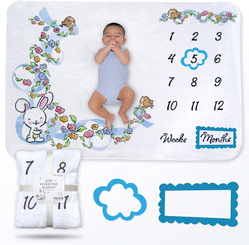 Photo 1 of Baby Milestone Blanket - Baby Growth Chart Blanket – Premium Fluffy and Soft Flannel Fleece Baby Monthly Milestone Blanket Boy and Girl with Markers and Headband – 60”x40”