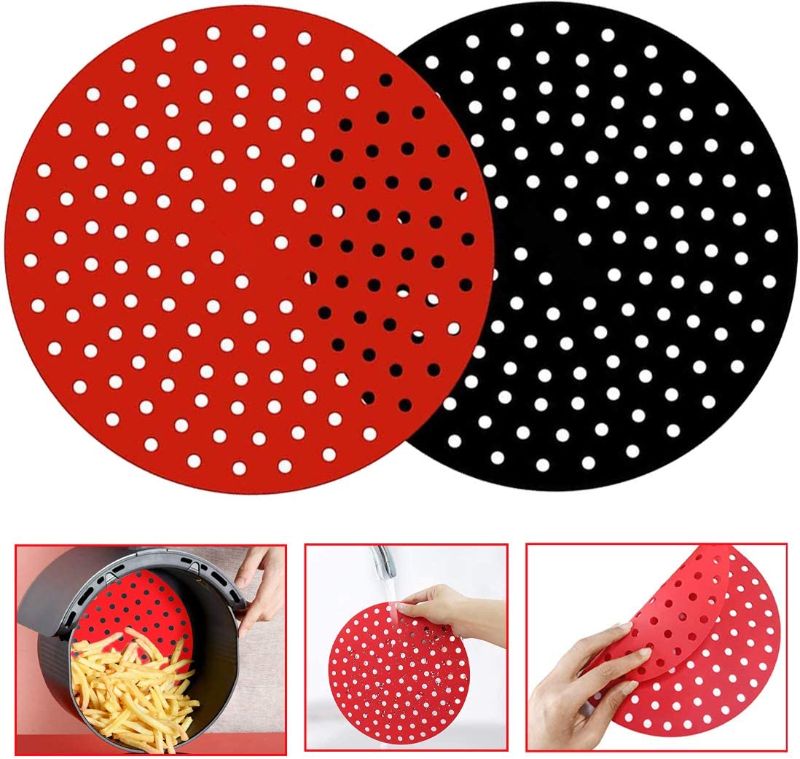 Photo 1 of Air Fryer Liners Reusable,Silicone Air Fryer Mats Easy to Clean,Non-Stick Silicone Air Fryer Basket Mats Accessories For Kitchen Making Food (Red + Black,Round,9 inch).