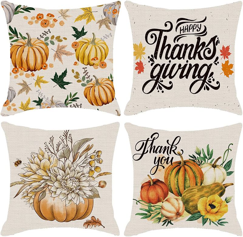 Photo 1 of CHICHIC Autumn Throw Pillow Pillow Case, 45.72 x 45.72 cm Autumn Leaf Decoration Pillow Pillow Case, Autumn Decoration Thanksgiving Day Decoration, Harvest Decoration Cushion Cover, 4 Piece Set, Pumpkin
