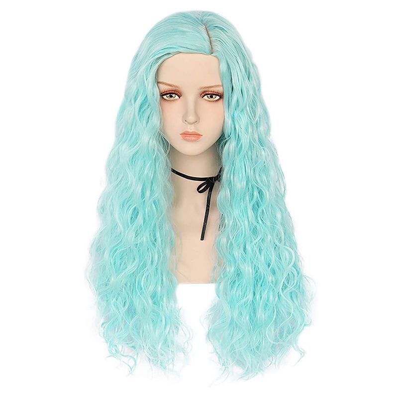 Photo 1 of Ebingoo 26 Inch Sky Blue Curly Wig for Women Long Water Wave Curly Synthetic Heat Resistant Fiber Wigs for Daily Wear
