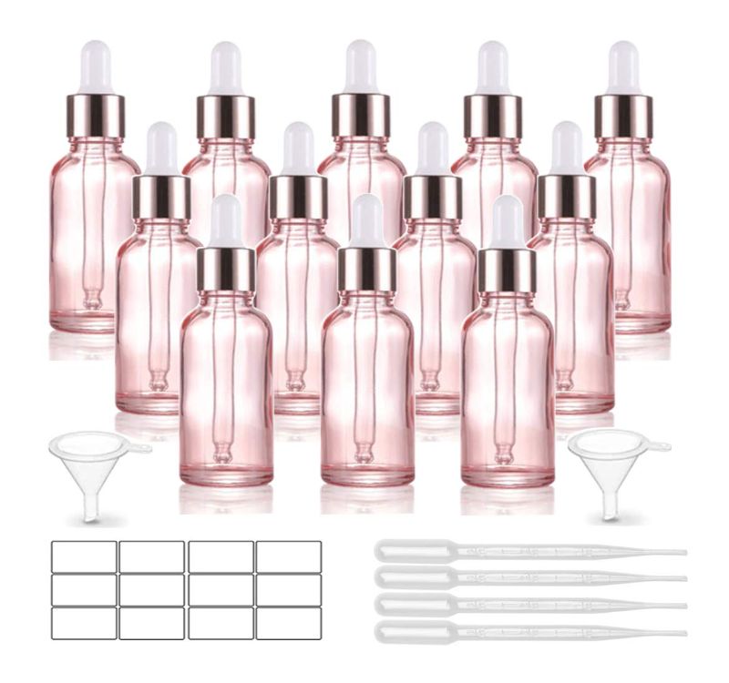 Photo 1 of 12 Pack,1 Oz Pink Glass Dropper Bottle for Essential Oils,Empty Glass Eye Dropper Bottle Holder With Glass Pipette,Rose-Golden Caps Perfume Travel Vial Container-Pipette,Stickers,Funnel Included
