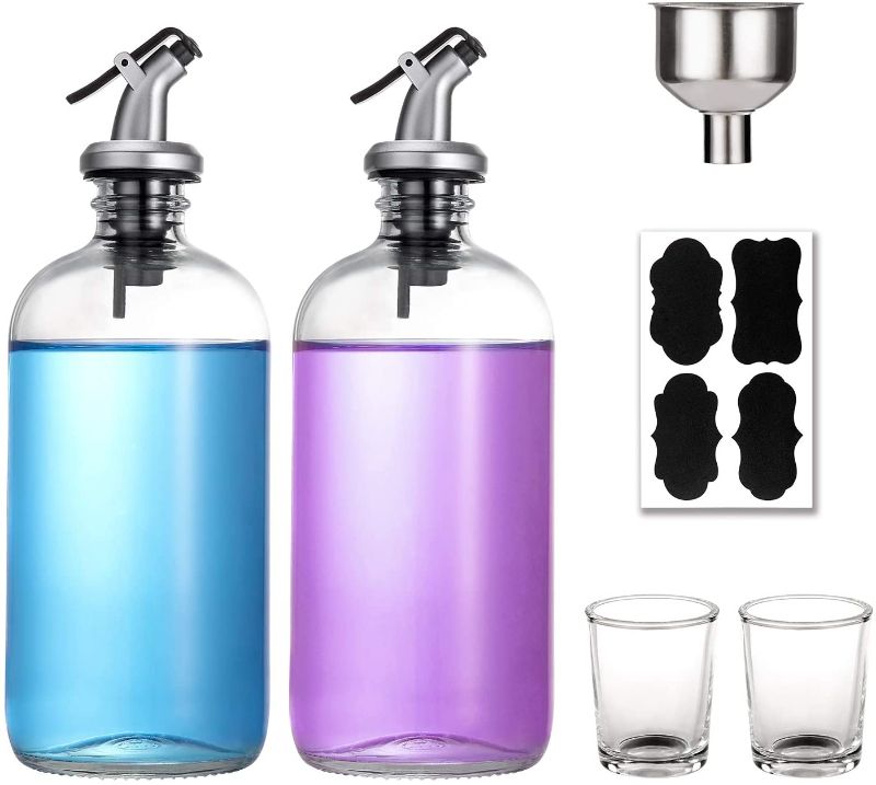 Photo 1 of 16-Ounce Glass Mouthwash Dispenser - Clear Glass Bottle with Pour Spout, Shot Glass, Funnel and Labels, Refillable Boston Round Bottles - 2 Pack
