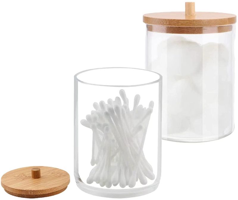 Photo 1 of 2 Packs Acrylic Qtip Holder, Bathroom Jars with Bamboo Lids, Bathroom Accessories Storage Organizer, Cotton Ball Pad Round Swab Holder