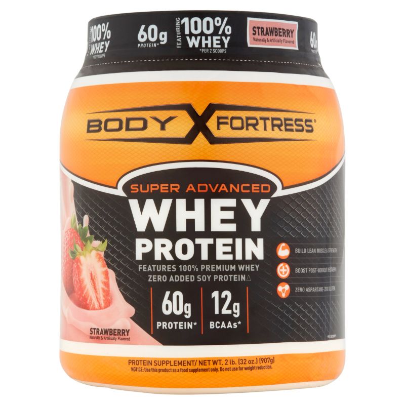 Photo 1 of Body Fortress Whey Protein Powder, Strawberry, 60g Protein, 2 Lb   BEST BY 07/2023