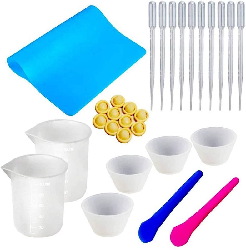 Photo 1 of 
Silicone Resin Measuring Cups Tool Kit, Reusable Nonstick Silicone Mat, 100ml Silicone Measuring Cups, Finger Cots, Resin Mix Cup, Stir Stick Pipette