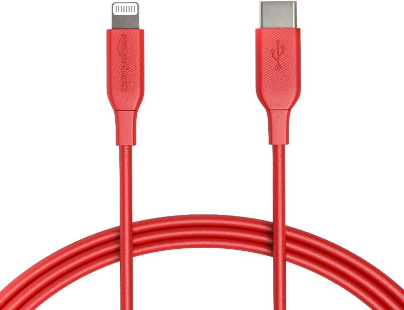 Photo 1 of Amazon Basics USB-C to Lightning Cable Cord, MFi Certified Charger for Apple iPhone 11/12, iPad, Red, 6-Ft