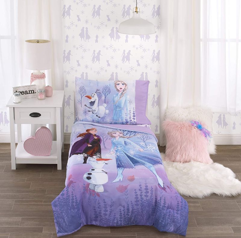 Photo 1 of Disney Frozen 2 Lavender, Light Blue and Purple Forest Spirit 4 Piece Toddler Bed Set - Comforter, Fitted Bottom Sheet, Flat Top Sheet, Reversible Pillowcase