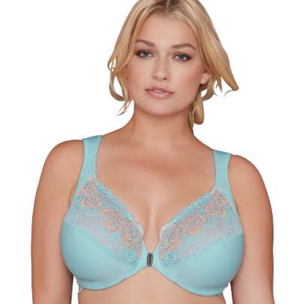 Photo 1 of Bramour by Glamorise Women's Full Figure Plus Size Underwire Front Close Rose Lace Bra, Blue, 42H (CLASP LATCH MISSING)