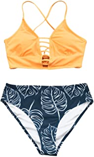 Photo 1 of CUPSHE Women’s Bikini Swimsuit Floral Print Lace Up Multi Color Strappy Two Piece Bathing Suit, Orange/Dark Blue, Small