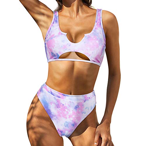 Photo 1 of RUUHEE Women Cutout Cheeky High Waisted Tie Dye Sporty 2 Piece Bikini, Pink, Large (8-10)