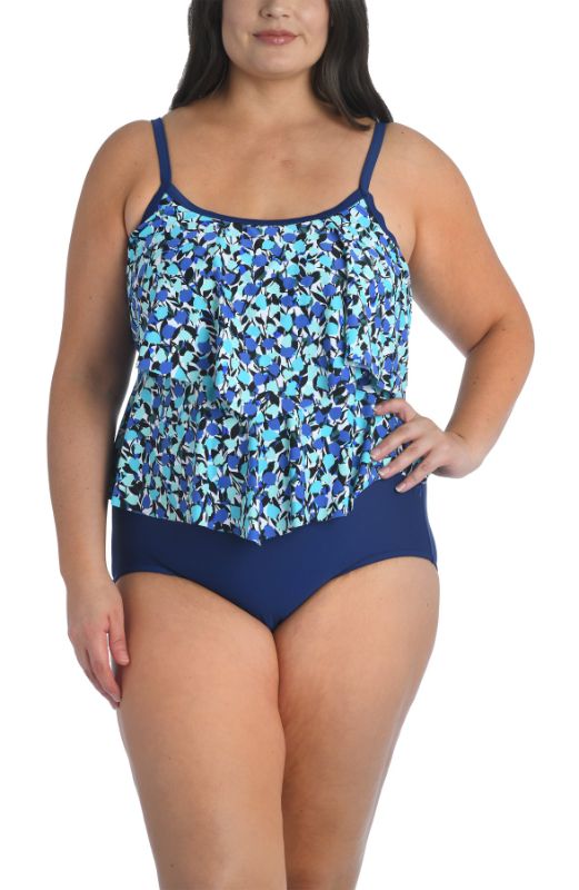 Photo 1 of Maxine of Hollywood Vineyard Double Tiered One Piece Plus Size Swimsuit, Navy, Size 14