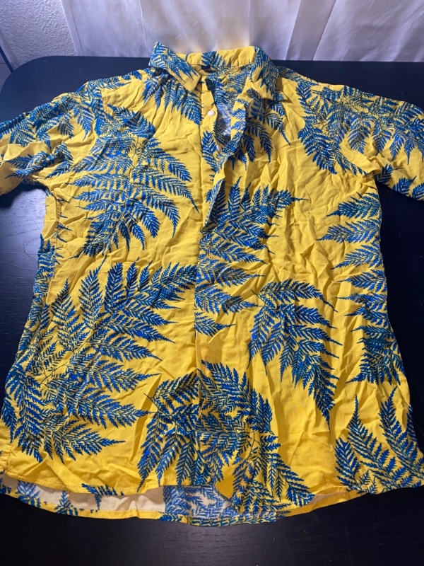 Photo 1 of Men's Short Sleeve Hawaiian Button Down T-Shirt, Gold with Blue Palms, Medium